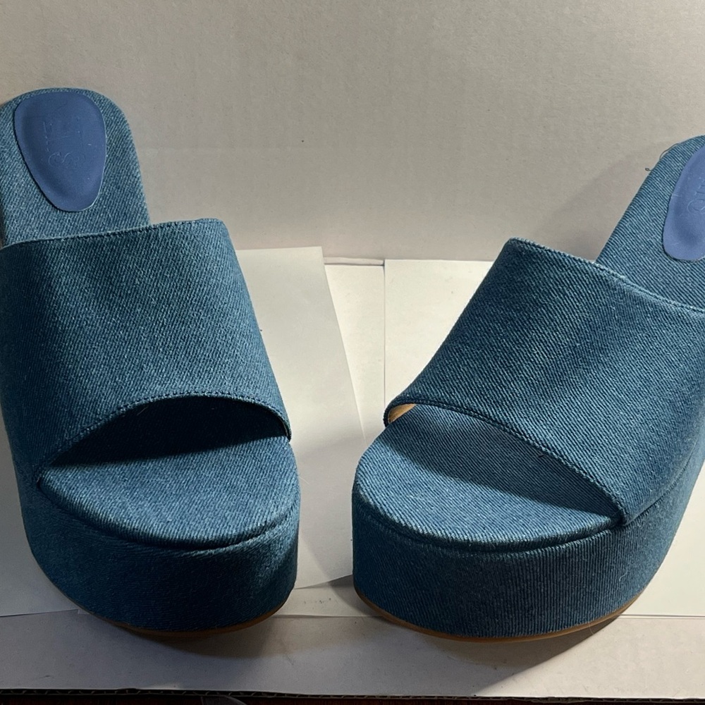 Blue Denim Platform Slide Sandals
